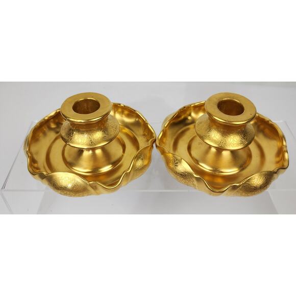 Pickard China 1930's Rose & Daisy Gold Guilded Encrusted Fluted Candle Holders - Picture 4 of 6